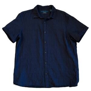 Perry Ellis Shirt Men Large Blue Plaid Linen Blend Button Up Short Sleeve Preppy